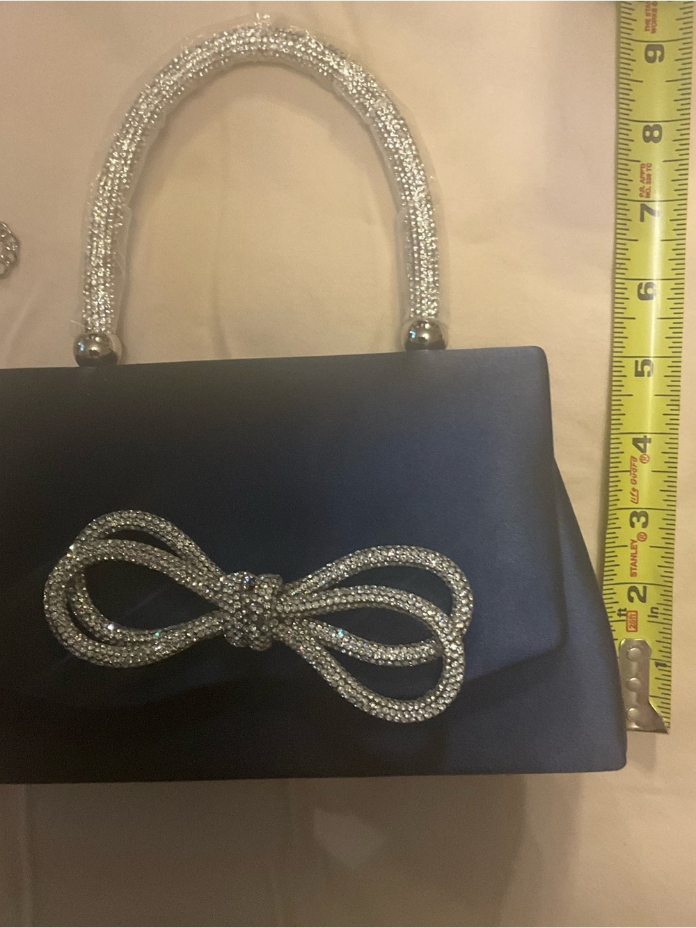 Elegant Navy Satin Evening Bag with Crystal Bow Accent - Picture 5 of 5
